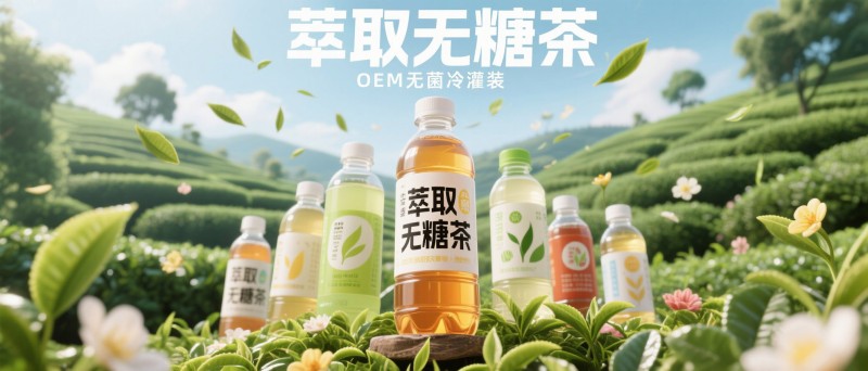jimeng-2025-06-30-1629-一个商业广告横幅，各种塑料瓶装茶饮品，简约瓶身写着（萃取无糖茶），有文字&ldquo;OEM...